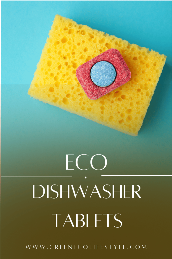 Blue and red dishwasher tablet on a yellow sponge. eco dishwasher tablet